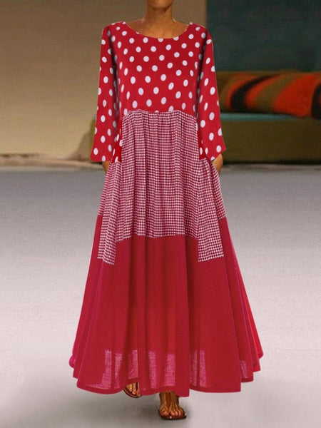 Women's Polka Dot Long Sleeve Dress with Round Neck and Pockets