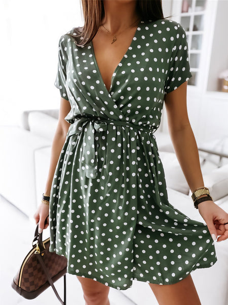 Women's Polka Dot V-Neck Wrap Mini Dress with Tie Waist