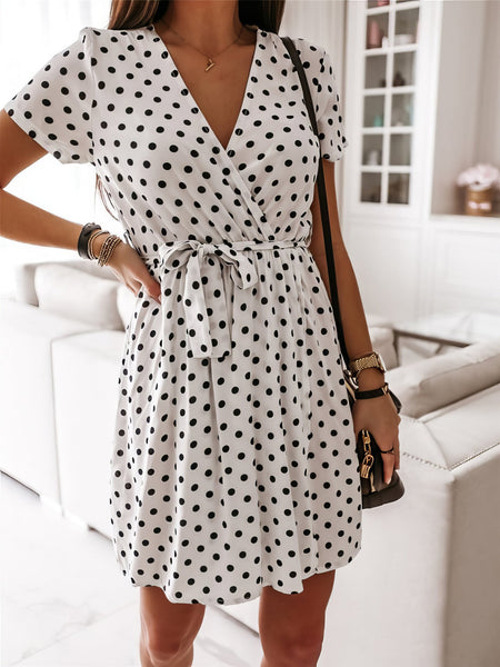 Women's Polka Dot V-Neck Wrap Mini Dress with Tie Waist