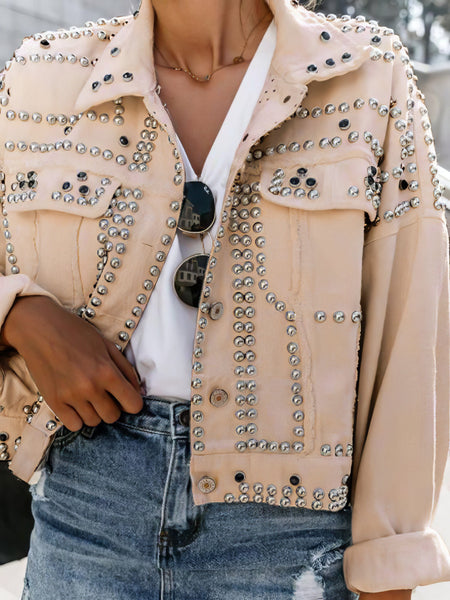 Women's Rivet Detailed Denim Motorcycle Jacket with Silver Studs