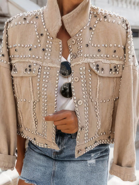 Women's Rivet Detailed Denim Motorcycle Jacket with Silver Studs