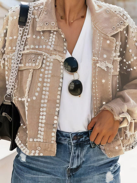Women's Rivet Detailed Denim Motorcycle Jacket with Silver Studs