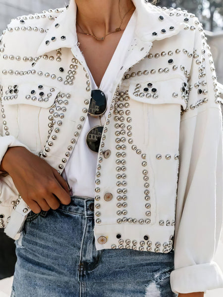 Women's Rivet Detailed Denim Motorcycle Jacket with Silver Studs