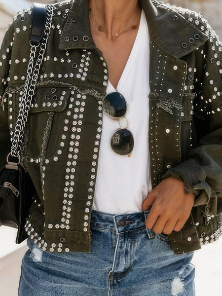 Women's Rivet Detailed Denim Motorcycle Jacket with Silver Studs