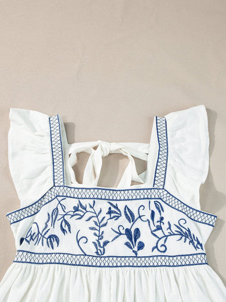White Floral Embroidered Square Neck Peplum Top