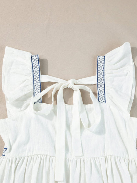 White Floral Embroidered Square Neck Peplum Top