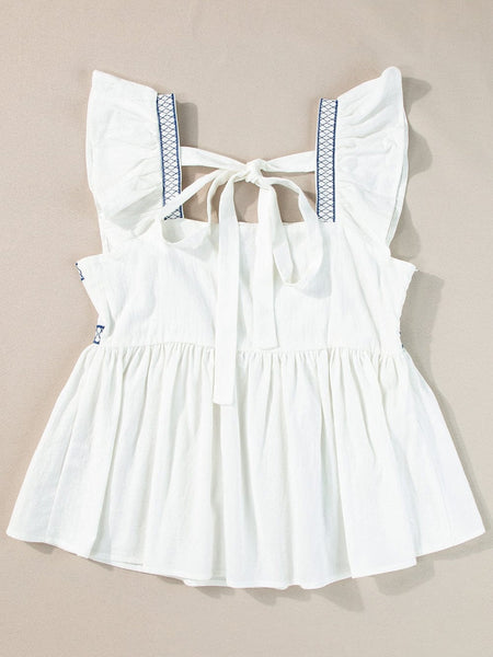 White Floral Embroidered Square Neck Peplum Top