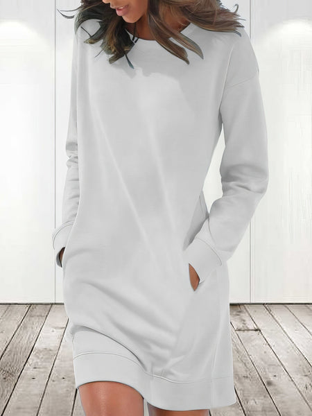 Rounded Neckline Long Sleeve Dress with Pockets