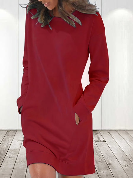 Rounded Neckline Long Sleeve Dress with Pockets