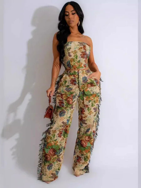 Women's Print Strapless Top and Wide Leg Tassel Pants Set