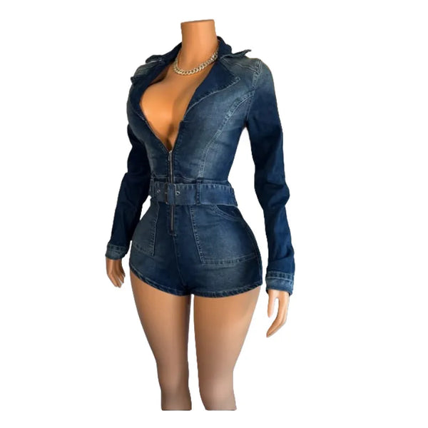 Women's V-Neck Long Sleeve Belt Denim Short Jumpsuit Playsuit Blue