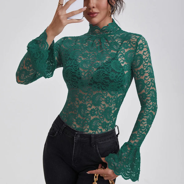 Women's Lace Turtle Neck Flare Sleeve Blouse