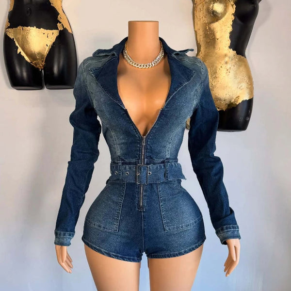 Women's V-Neck Long Sleeve Belt Denim Short Jumpsuit Playsuit Blue