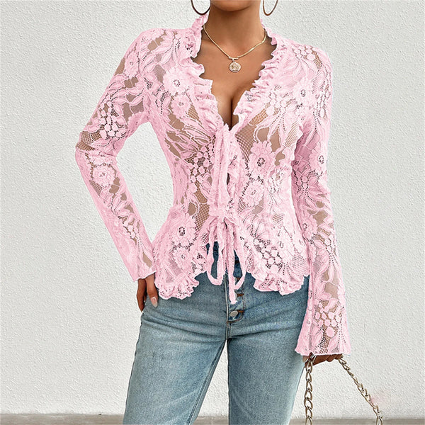 Women's Mesh Lace Tie Front Top