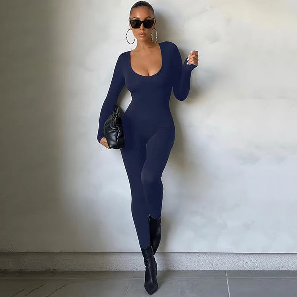 Women's Long Sleeve Bodycon Jumpsuit Solid Knit Streetwear