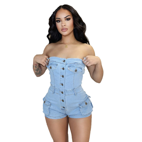 CM.YAYA Women Denim Strapless Button Up Playsuits Summer Pockets Fashion Vintage Beach Night Club Romper Jeans Short Jumpsuit