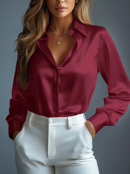 Women's Satin Long Sleeve Button-Up Blouse