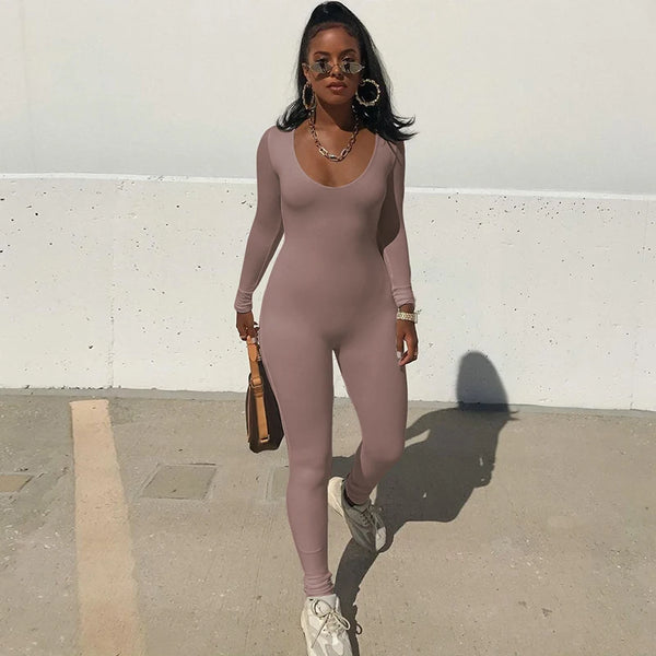 Women's Long Sleeve Bodycon Jumpsuit Solid Knit Streetwear