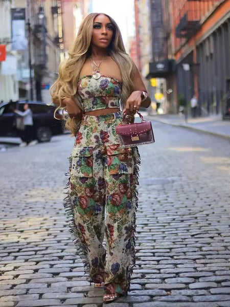 Women's Print Strapless Top and Wide Leg Tassel Pants Set
