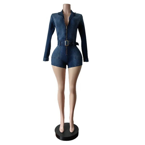 Women's V-Neck Long Sleeve Belt Denim Short Jumpsuit Playsuit Blue