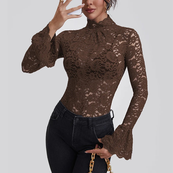 Women's Lace Turtle Neck Flare Sleeve Blouse