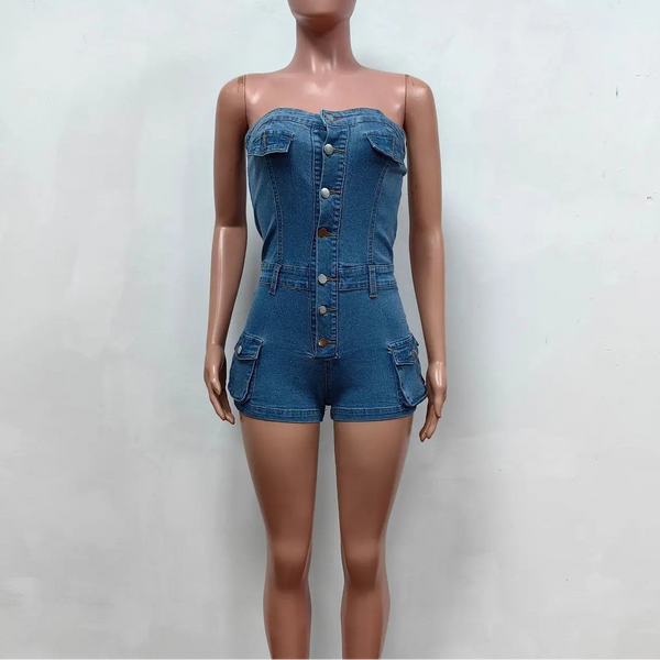 CM.YAYA Women Denim Strapless Button Up Playsuits Summer Pockets Fashion Vintage Beach Night Club Romper Jeans Short Jumpsuit