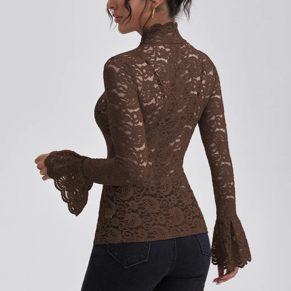 Women's Lace Turtle Neck Flare Sleeve Blouse