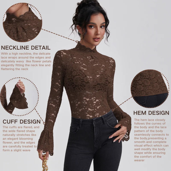Women's Lace Turtle Neck Flare Sleeve Blouse
