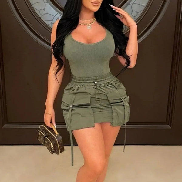 Women's Cargo Ruched Front Pocket Mini Pencil Skirt