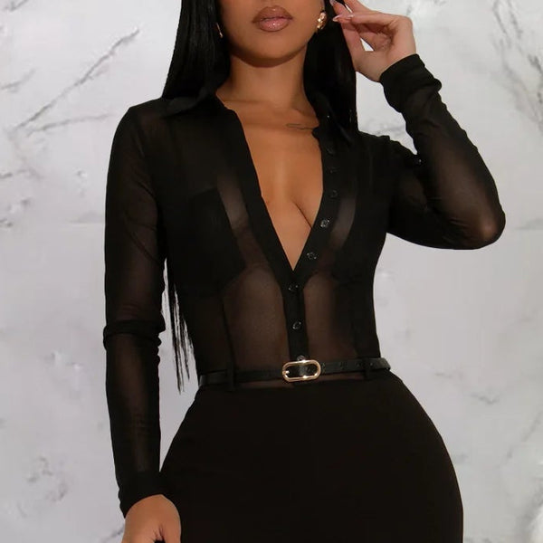 Women's Long Sleeve Bodycon Mesh Jumpsuit