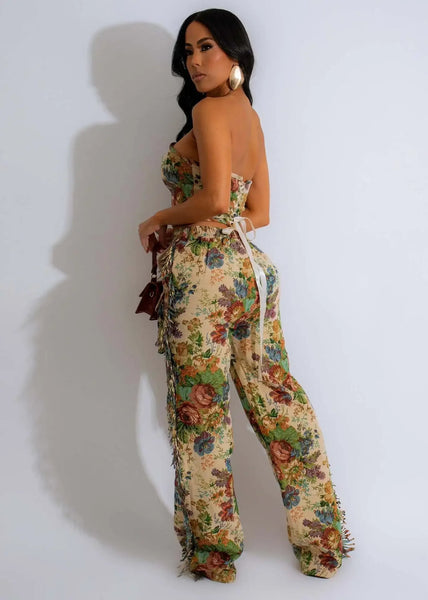 Women's Print Strapless Top and Wide Leg Tassel Pants Set