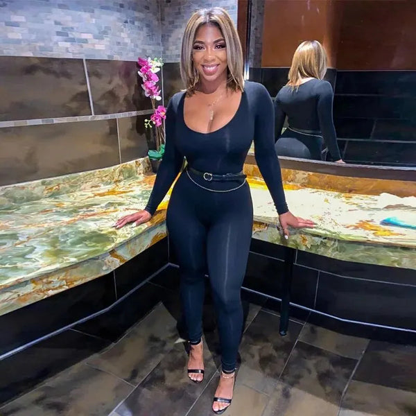 Women's Long Sleeve Bodycon Jumpsuit Solid Knit Streetwear