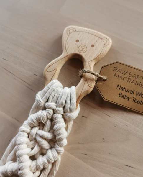 Raw Earth Bear Wooden Macrame Teether