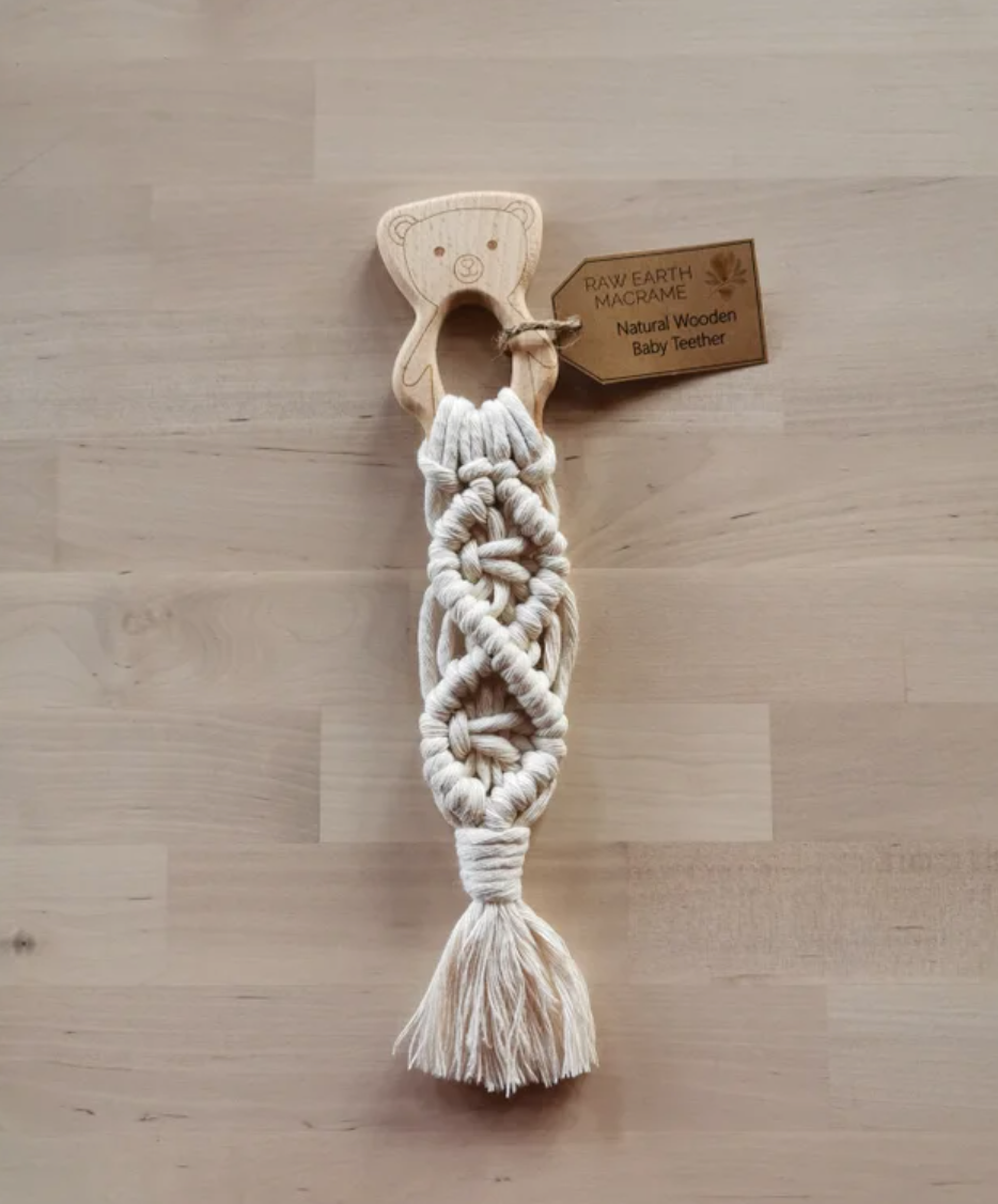 Raw Earth Bear Wooden Macrame Teether