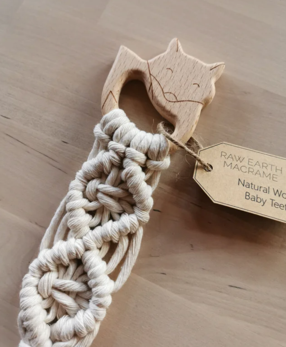 Raw Earth Fox Wooden Macrame Teether