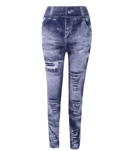 Distressed Denim Elastic Pants