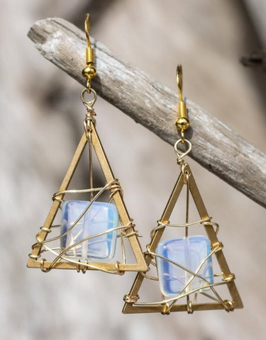 Sterling Silver Hoop Handmade Triangle Opalite Earrings