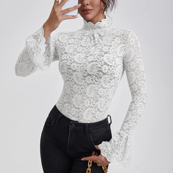 Women's Lace Turtle Neck Flare Sleeve Blouse