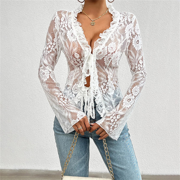 Women's Mesh Lace Tie Front Top