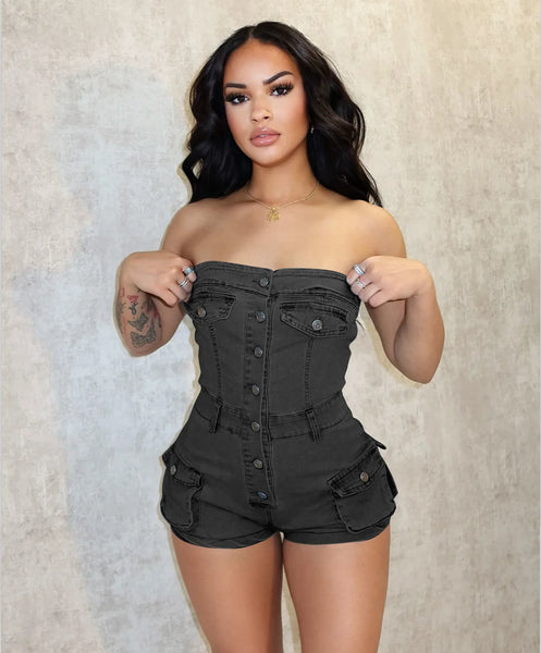 CM.YAYA Women Denim Strapless Button Up Playsuits Summer Pockets Fashion Vintage Beach Night Club Romper Jeans Short Jumpsuit