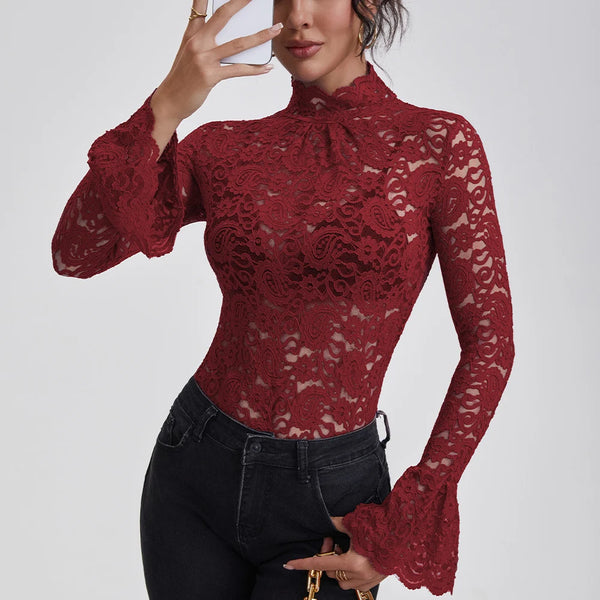 Women's Lace Turtle Neck Flare Sleeve Blouse