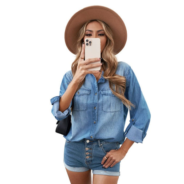 Short Sleeve Pocket Straight Denim Blouses - French - Drop Shoulder - Halter - V-Neck - Closed