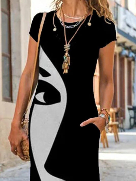 Short Sleeve Round Neck Printed Face Dress
