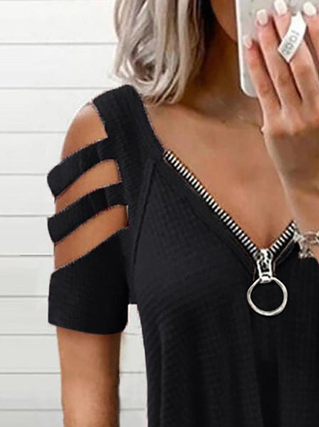 Shoulder Cutout Sleeve Zip Front Plaid Top