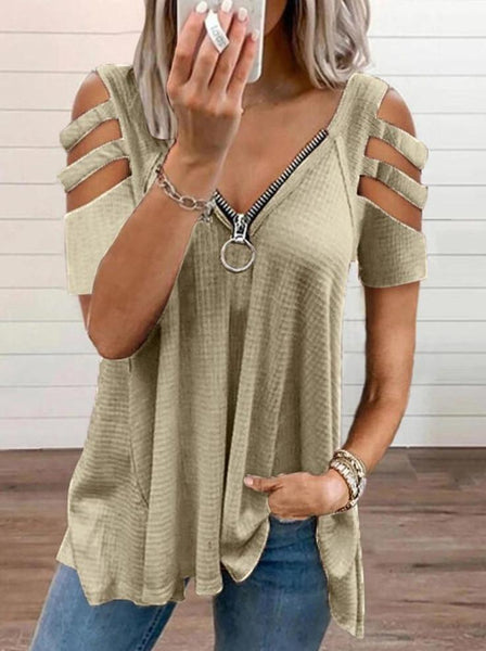 Shoulder Cutout Sleeve Zip Front Plaid Top