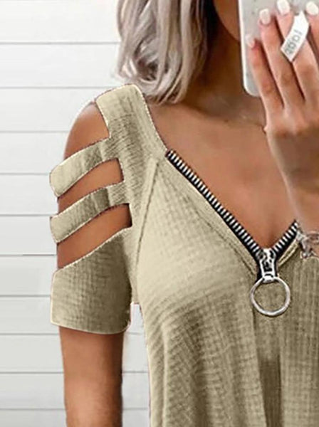 Shoulder Cutout Sleeve Zip Front Plaid Top
