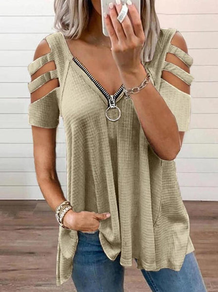 Shoulder Cutout Sleeve Zip Front Plaid Top