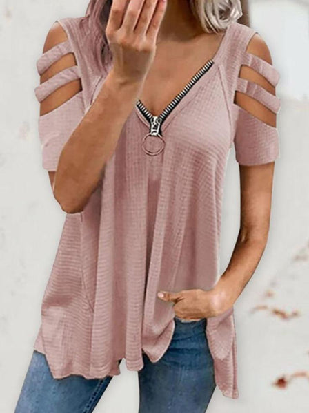 Shoulder Cutout Sleeve Zip Front Plaid Top