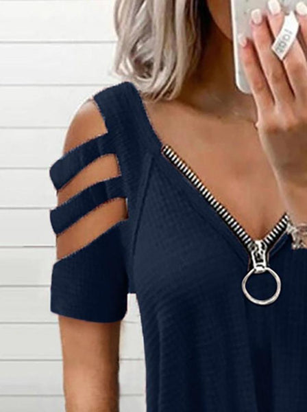 Shoulder Cutout Sleeve Zip Front Plaid Top