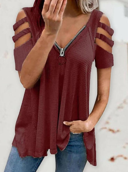 Shoulder Cutout Sleeve Zip Front Plaid Top